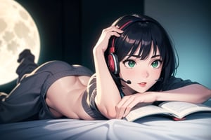 1 girl, beautiful  girl using headset, reading a book,  full body photo(Cute Loose Bob hair),(simetry green eyes), (wearing an oversize sweater, capri sweatpants), (red lips:1. 3), (small breasts:1. 3), (toned stomach:1. 3), (eyelashes:1. 2), (aegyo sal:1. 2), beautiful detailed eyes, symmetrical eyes, (detailed face), dramatic lighting, (photorealism:1. 5), (photorealistic:1. 4), (8k, RAW photo, masterpiece), High detail RAW color photo, professional photo, realistic, (highest quality), (best shadow), (best illustration), ultra high resolution, highly detailed CG unified 8K wallpapers, physics-based rendering, photo, realistic, realism, high contrast, hyperrealism, photography, f1. 6 lens, rich colors, hyper-realistic lifelike texture, cinestill 800, background full moon