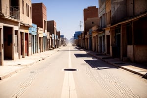 deserted street of a city in the time of the far west, sunny, dusty ground