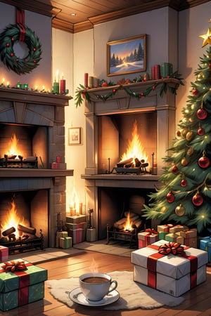 2D manga Masterpiece, realistic, 4k, hearth of an unlit fireplace, (no faire un thé fireplace:1.2), Christmas tree, gifts
