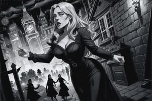 low angle shot in black and white of a scared woman with long blond hair, dressed in the 1950s style, chased by count dracula, vampire, Alfred Hitchcock style, film noir, highly detailed, masterpiece, bokeh