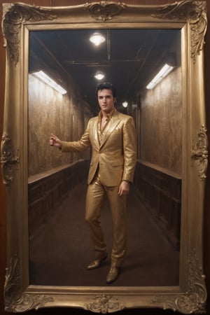 Masterpiece, western style, wide angle  shot of Elvis Presley wearing a golden suit, 8k, high quality, full body, high angle, highly detailed, extremely detailed, hyper realistic texture, fantasy, border frame, studio photo, intricate details, highly detailed