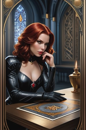 Masterpiece, western style, Black Widow and Daredevil Marvel, Tarot card, vectored alter in background, Celtic inspired, concept art by Luis Royo, James Jean style, 8k, high quality, sharp focus, individual approach, full body, high angle, highly detailed, extremely detailed, hyper realistic texture, fantasy, surreal, border frame, trending on artstation, sharp focus, studio photo, intricate details, highly detailed, by greg rutkowski