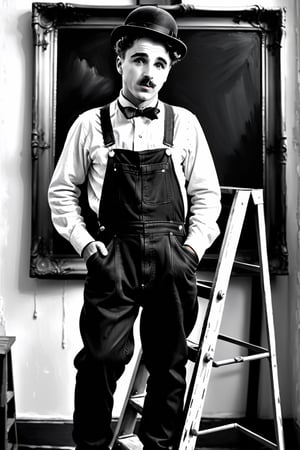 Masterpiece, Charlot (Charlie Chaplin) dressed in black overalls (stained with white paint) and a white t-shirt, standing on top of a rickety stepladder, painting a ceiling, monochrome,8k, high quality, full body, high angle, highly detailed, extremely detailed, hyper realistic texture, fantasy, border frame, studio photo, intricate details, highly detailed,monochrome