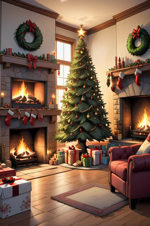 2D manga Masterpiece, realistic, 4k, hearth of an unlit fireplace, (no faire un thé fireplace:1.2), Christmas tree, gifts
