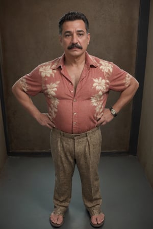 Masterpiece, western style, wide angle  shot fullbody of 50 years old latino man with a paunch, wearing a hawaiian shirt, mustache, 8k, high quality, full body, high angle, highly detailed, extremely detailed, hyper realistic texture, fantasy, studio photo, intricate details, highly detailed