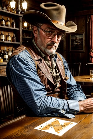 In a saloon, Sergio Leone's movie style, dust, hot day,wild angle, low angle, Masterpiece, western style, indor shot of , Robert Mitchum sitting at a table, play card, whisky bootle, in a western movie saloon, candle light, serious, wearing like a cowboys, stetson, 
belt with a revolver, blue jeans, cowboys' boots, high quality, in a pose for a pistol duel, full body, high angle, highly detailed, extremely detailed, hyper realistic texture, fantasy,, studio photo, intricate details, highly detailed