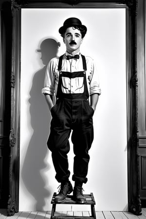 Masterpiece, Charlot (Charlie Chaplin) dressed in black overalls (stained with white paint) and a white t-shirt, standing on top of a rickety stepladder, painting a ceiling, monochrome,8k, high quality, full body, high angle, highly detailed, extremely detailed, hyper realistic texture, fantasy, border frame, studio photo, intricate details, highly detailed,monochrome