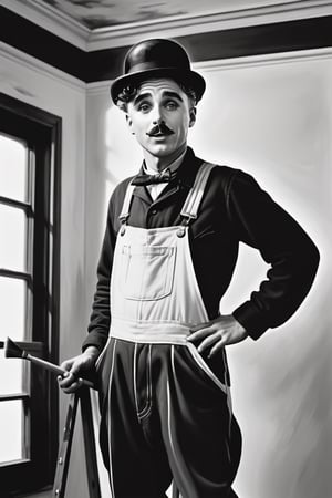 Masterpiece, Charlot (Charlie Chaplin) dressed in black overalls (stained with white paint) and a white t-shirt, a brush dripping with white paint in the hand, standing on top of a rickety stepladder, painting a ceiling, monochrome,8k, high quality, full body, high angle, highly detailed, extremely detailed, hyper realistic texture, fantasy, border frame, studio photo, intricate details, highly detailed,monochrome,sketch