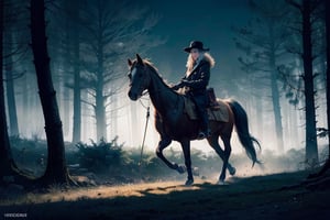 flat vector art, wide angle, shot of night in a misty fir forest, in the right top part of the image, a stagecoach is heading towards the bottom left corner of the image, at high speed, a coach dressed in a long black leather coat whips horses with a long whip, in realistic, higly detailled, beautiful anime style woman, flat color, wide angle, clean detailed faces, intracate clothing, analogous colors, glowing shadows, beautiful gradient, depth of field, clean image, high quality, high detail, high definition, Luminous Studio graphics engine, black background
