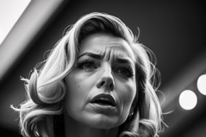 low angle shot in black and white of a scared woman with long blond hair, dressed in the 1950s style, chased by gangsters, Alfred Hitchcock style, film noir, highly detailed, masterpiece, bokeh,EpicSky,JoeMad Style