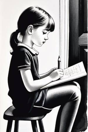 "sur du papier scolaire froissé, dessin à l'encre noire d'une jeune fille assise sur les marches d'une maison, dessin au fusain hyperdétaillé, noir et blanc"focus