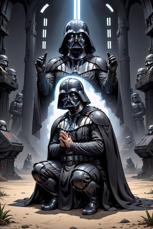 2D manga Masterpiece, Darth Vader kneels beside a cradle, praying