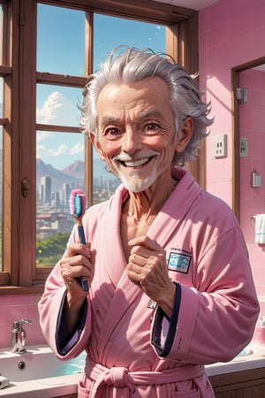 2D manga Masterpiece, very old 60 years old man, white hairs, wrickled, smile, metart,, In a pink bathrobe, brushing teeths in bathroom, lighting by a window,, Craft an endearing 2D manga scene with vibrant, expressive eyes that reflect curiosity and a playful demeanor, 8k. | bokeh, depth of field, | ,aw0k euphoric style,p3rfect boobs,Comic Book-Style 2d