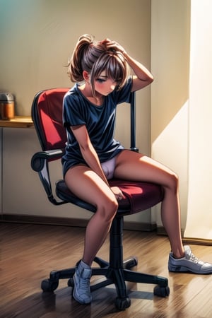  A pretty girl in underwear sit on chair head resting on fist