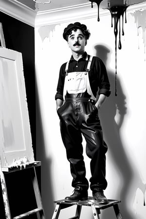 Masterpiece, Charlot (Charlie Chaplin) dressed in black overalls (stained with white paint) and a white t-shirt, a brush dripping with white paint in the hand, standing on top of a rickety stepladder, painting a ceiling, monochrome,8k, high quality, full body, high angle, highly detailed, extremely detailed, hyper realistic texture, fantasy, border frame, studio photo, intricate details, highly detailed,monochrome