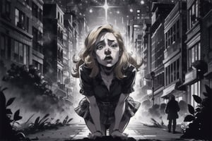 low angle shot in black and white of a scared woman with long blond hair, dressed in the 1950s style, chased by gangsters, Alfred Hitchcock style, film noir, highly detailed, masterpiece, bokeh,EpicSky