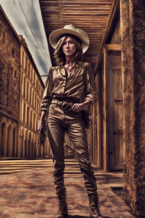 Sergio Leone's movie style, dust, lhot day, low angle, Masterpiece, western style, outdor shot of fullbody, Jennifer Aniston,60 years old, white hairs, in a western movie street, sunny day, serious, wearing like a cowboys, stetson, 
belt with a revolver, blue jeans, cowboys' boots, high quality, in a pose for a pistol duel, full body, high angle, highly detailed, extremely detailed, hyper realistic texture, fantasy,, studio photo, intricate details, highly detailed