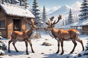 2D manga Masterpiece, In an enclosure, under the snow, two Santa's females reindeer are chatting 