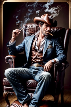 Masterpiece, western style, Jean-Paul Belmondo smoking a cigar in a boiwn leather armchair, Tarot card, 8k, high quality, full body, high angle, highly detailed, extremely detailed, hyper realistic texture, fantasy, border frame, studio photo, intricate details, highly detailed