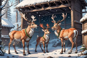 2D manga Masterpiece, In an enclosure, under the snow, two Santa's reindeer are chatting 