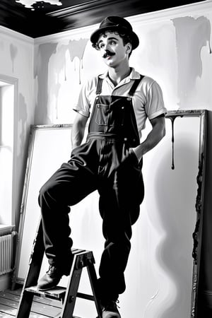 Masterpiece, Charlot (Charlie Chaplin) dressed in black overalls (stained with white paint) and a white t-shirt, a brush dripping with white paint in the hand, standing on top of a rickety stepladder, painting a ceiling, monochrome,8k, high quality, full body, high angle, highly detailed, extremely detailed, hyper realistic texture, fantasy, border frame, studio photo, intricate details, highly detailed,monochrome