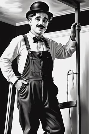 Masterpiece, Charlot (Charlie Chaplin) dressed in black overalls (stained with white paint) and a white t-shirt, a brush dripping with white paint in the hand, standing on top of a rickety stepladder, painting a ceiling, monochrome,8k, high quality, full body, high angle, highly detailed, extremely detailed, hyper realistic texture, fantasy, border frame, studio photo, intricate details, highly detailed,monochrome,sketch