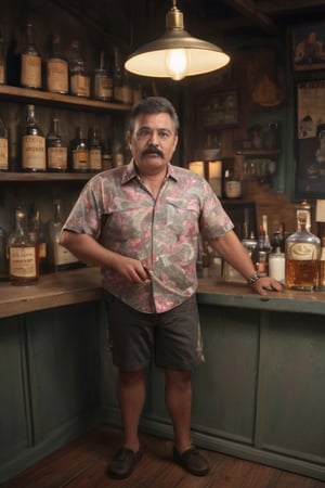 Masterpiece, western style, wide angle  shot fullbody of 50 years old latino man with a paunch, wearing a hawaiian shirt, mustache, Behind a counter, serving glasses of whisky, 8k, high quality, full body, high angle, highly detailed, extremely detailed, hyper realistic texture, fantasy, studio photo, intricate details, highly detailed