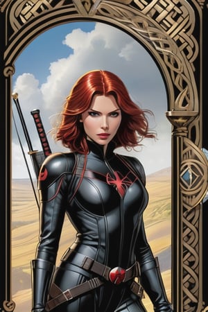 Masterpiece, western style, Black Widow and Daredevil Marvel, Tarot card, vectored alter in background, Celtic inspired, concept art by Luis Royo, James Jean style, 8k, high quality, sharp focus, individual approach, full body, high angle, highly detailed, extremely detailed, hyper realistic texture, fantasy, surreal, border frame, trending on artstation, sharp focus, studio photo, intricate details, highly detailed, by greg rutkowski