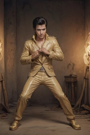 Masterpiece, western style, wide angle  shot of Elvis Presley wearing a golden suit, in kung-fu pose, 8k, high quality, full body, high angle, highly detailed, extremely detailed, hyper realistic texture, fantasy, border frame, studio photo, intricate details, highly detailed,Comic Book-Style 2d,2d