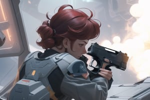 Low angle shot from behind, of a red-haired woman kneeling, a pistol in each hand, aiming at a minotaur running in the background, in a spaceship, science fiction, cinematographic