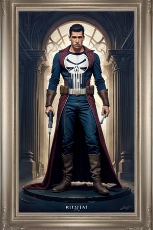 Masterpiece, western style, the Punisher Marvel, Tarot card, vectored alter in background, Celtic inspired, concept art by Luis Royo, James Jean style, 8k, high quality, sharp focus, individual approach, full body, high angle, highly detailed, extremely detailed, hyper realistic texture, fantasy, surreal, border frame, trending on artstation, sharp focus, studio photo, intricate details, highly detailed, by greg rutkowski