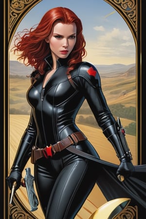 Masterpiece, western style, Black Widow and Daredevil Marvel, Tarot card, vectored alter in background, Celtic inspired, concept art by Luis Royo, James Jean style, 8k, high quality, sharp focus, individual approach, full body, high angle, highly detailed, extremely detailed, hyper realistic texture, fantasy, surreal, border frame, trending on artstation, sharp focus, studio photo, intricate details, highly detailed, by greg rutkowski