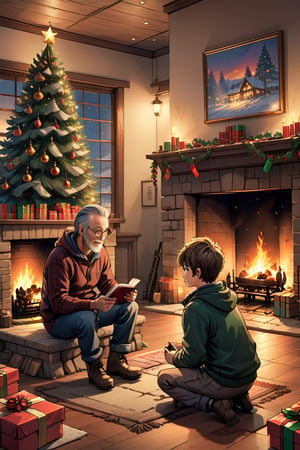 2D manga Masterpiece, realistic, 4k, a father and his son chating near a fireplace, Christmas tree, gifts)
