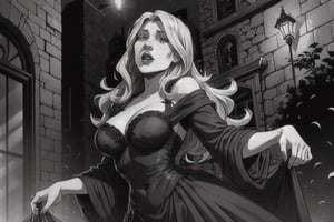 low angle shot in black and white of a scared woman with long blond hair, dressed in the 1950s style, chased by count dracula, vampire, Alfred Hitchcock style, film noir, highly detailed, masterpiece, bokeh