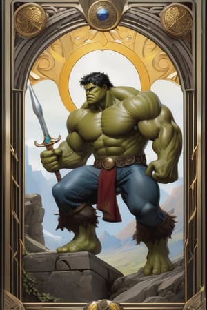 Masterpiece, western style, Hulk Marvel, Tarot card, vectored alter in background, Celtic inspired, concept art by Luis Royo, James Jean style, 8k, high quality, sharp focus, individual approach, full body, high angle, highly detailed, extremely detailed, hyper realistic texture, fantasy, surreal, border frame, trending on artstation, sharp focus, studio photo, intricate details, highly detailed, by greg rutkowski