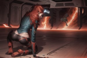 Low angle shot from behind, of a red-haired woman kneeling, a pistol in each hand, aiming at a minotaur running in the background, in a spaceship, science fiction, cinematographic