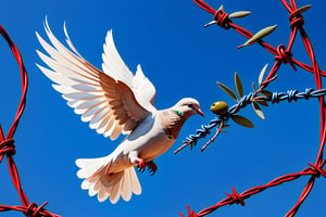 A dove with an olive branch in its beak, flying in a blue sky above blood-red barbed wire, love and peace, masterpiece
