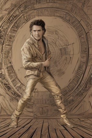Masterpiece, western style, wide angle  shot of Elvis Presley wearing a golden suit, in kung-fu pose, 8k, high quality, full body, high angle, highly detailed, extremely detailed, hyper realistic texture, fantasy, border frame, studio photo, intricate details, highly detailed,Comic Book-Style 2d