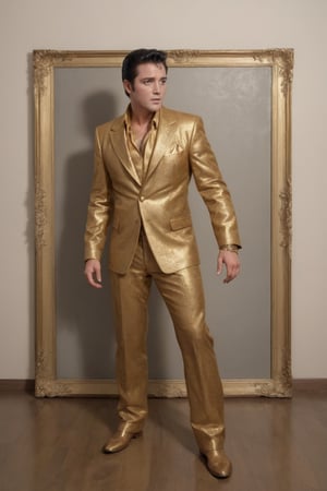 Masterpiece, western style, wide angle  shot of Elvis Presley wearing a golden suit, 8k, high quality, full body, high angle, highly detailed, extremely detailed, hyper realistic texture, fantasy, border frame, studio photo, intricate details, highly detailed