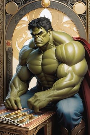 Masterpiece, western style, Hulk Marvel, Tarot card, vectored alter in background, Celtic inspired, concept art by Luis Royo, James Jean style, 8k, high quality, sharp focus, individual approach, full body, high angle, highly detailed, extremely detailed, hyper realistic texture, fantasy, surreal, border frame, trending on artstation, sharp focus, studio photo, intricate details, highly detailed, by greg rutkowski