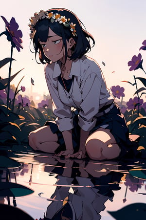 ((anime style:1.2)),  ((an adult older woman stitting down with a flower crown)),  (tenderness),  (beautiful),  (sitting on the ground),  (beautiful reflection),  (angled camera shot),  (looking away),  (smooth surface),  (cinematic),  (softer tone),  (beautiful lighting),  (beautiful shadows),  (bokeh lighting),  (bloom),  (high quality),  (masterpiece),  (very good parallax),  (shimmering),  (post-processing effects),  (flower field),  (evening:1.4)