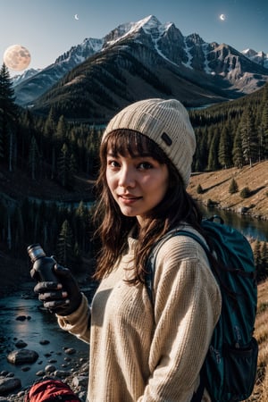 VeronicaCipher ((upper body selfie, happy)), masterpiece, best quality, ultra-detailed, solo, outdoors, (night), mountains, nature, (stars, moon) cheerful, happy, backpack, sleeping bag, camping stove, water bottle, mountain boots, gloves, sweater, hat, flashlight, forest, rocks, river, wood, smoke, shadows, contrast, clear sky, analog style (look at viewer:1.2) (skin texture) (film grain:1.3), (warm hue, warm tone) :1.2), close up, cinematic light, sidelighting, ultra high res, best shadow, RAW, upper body,  , wearing pullover
kodak vision 3,