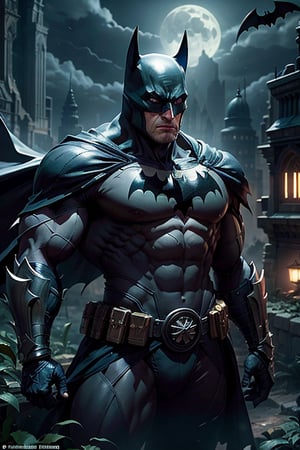 Batman from the dark knight stands imposing in a gothic lost city. Moonlight highlights your muscles and scars. The scenery is lush and mysterious, with futuristic tech and surroundings. The camera details everything, a warrior woman, in front of him.