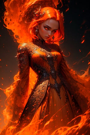 This (realistic fantasy) art contains embers, real flames, real heat, and realistic fire. Generate a masterpiece artwork of a petite female fire druid with large (((orange and gold))) eyes. The fire druid is awe-inspiring with beautiful ((realistic fiery eyes)) alight with confidence and power. Her features are elegant and well defined, with ((soft)) and (((puffy))) and (((smooth))) lips, elven bone structure, and realistic shading. Her eyes are important and should be the focal point of this artwork, with ((extremely realistic details, macro details, and shimmer.)) She is wearing a billowing and glittering gown ((made of realistic flames)) and jewels that glimmer in the fire light. Wisps of fire and smoke line the intricate bodice of the dress. Include bumps, stones, fiery iridescence, glowing embers, silk and satin and leather, an interesting background, and heavy fantasy elements. Camera: Utilize dynamic composition techniques to enhance the realistic flames.,r1ge,3DMM,(FlamePrincess)