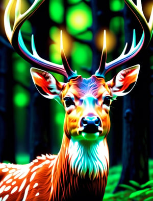 a close up of a deer with glowing antlers in a forest, 3d digital art 4k, digital art animal photo, digital artwork 4 k, holographic creatures, 4k highly detailed digital art, 8k high quality detailed art, 4k detailed digital art, 8 k ultra realistic animal, digital art 4k, digital art 4 k, detailed digital 3d art