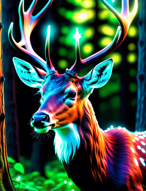 a close up of a deer with glowing antlers in a forest, 3d digital art 4k, digital art animal photo, digital artwork 4 k, holographic creatures, 4k highly detailed digital art, 8k high quality detailed art, 4k detailed digital art, 8 k ultra realistic animal, digital art 4k, digital art 4 k, detailed digital 3d art