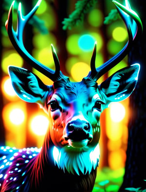 a close up of a deer with glowing antlers in a forest, 3d digital art 4k, digital art animal photo, digital artwork 4 k, holographic creatures, 4k highly detailed digital art, 8k high quality detailed art, 4k detailed digital art, 8 k ultra realistic animal, digital art 4k, digital art 4 k, detailed digital 3d art