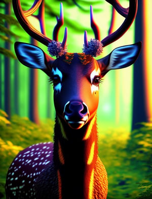 a close up of a deer with glowing antlers in a forest, 3d digital art 4k, digital art animal photo, digital artwork 4 k, holographic creatures, 4k highly detailed digital art, 8k high quality detailed art, 4k detailed digital art, 8 k ultra realistic animal, digital art 4k, digital art 4 k, detailed digital 3d art