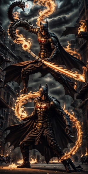 A dark and stormy night in Gotham City. The city is on fire,  and the flames are licking at the sky. In the midst of the chaos,  Batman stands tall,  holding a sword that is engulfed in flames. He is wearing his signature black costume and cape,  and his face is hidden behind a cowl. The dragon is circling him,  breathing fire. The dragon is massive,  with green scales and sharp teeth. It roars in anger as it faces off against Batman. Batman is ready for battle. He swings his sword,  and the flames cut through the air like a hot knife through butter. The dragon is caught off guard,  and the sword cuts deep into its flesh. The dragon screams in pain and falls to the ground. Batman stands victorious,  his sword still ablaze,