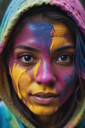 beautiful American college woman, wearing hoodie, looking at viewer, holi color festival, portrait, hyper detailed  POV, by lee jeffries, nikon d850, film stock photograph ,4 kodak portra 400 ,camera f1.6 lens ,rich colors ,hyper realistic ,lifelike texture, dramatic lighting , cinestill 800,